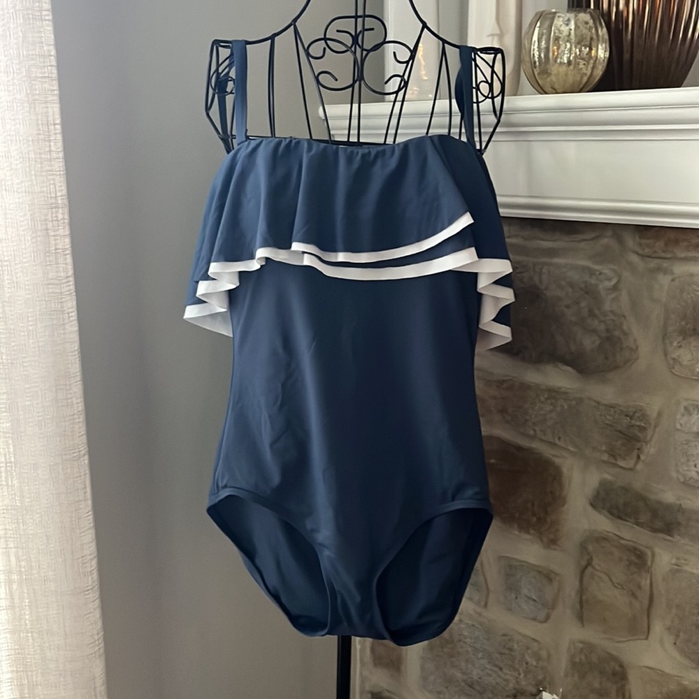 Coco Reef Navy and White Ruffle Strapless One-Piece Swimsuit - Picture 2 of 4